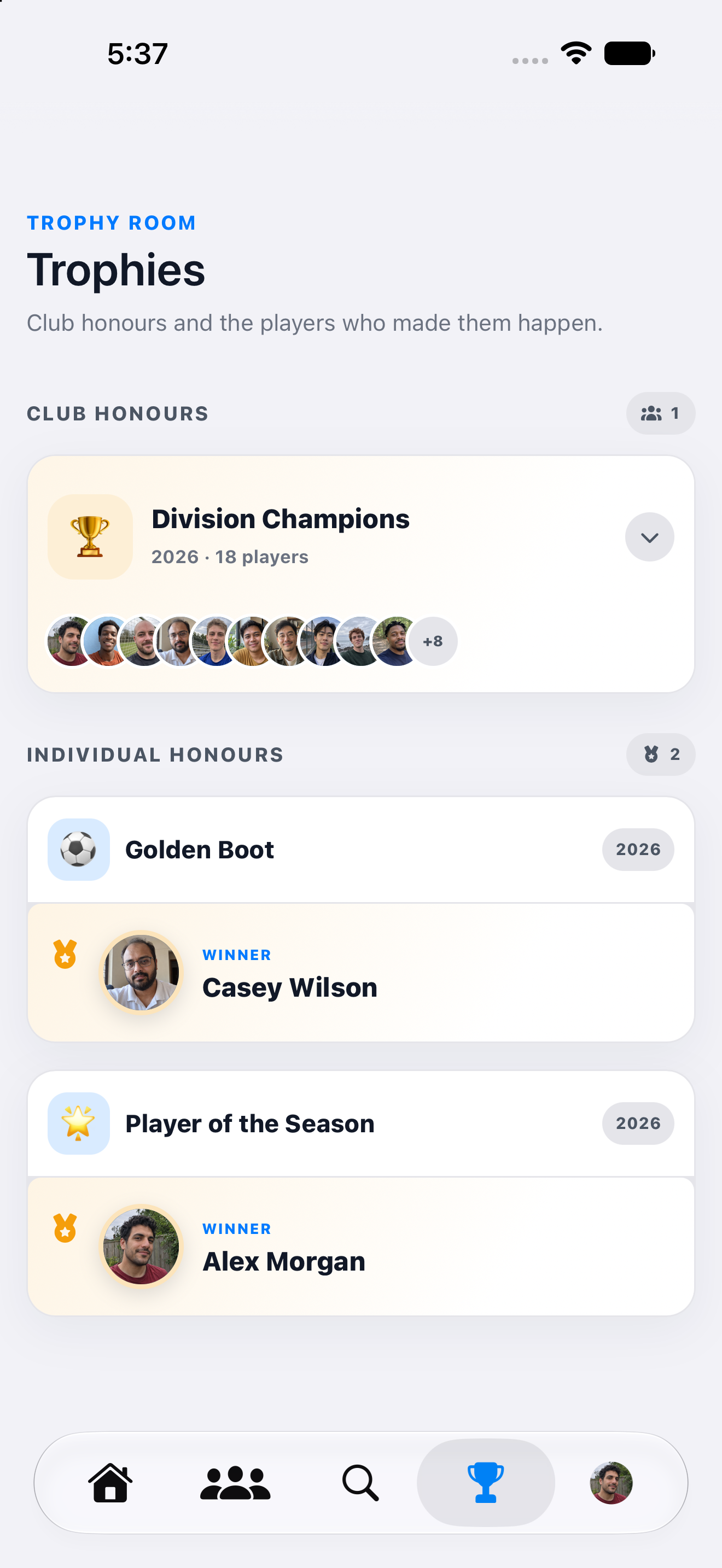 Trophy Room with club champions, Golden Boot and Player of the Season awards